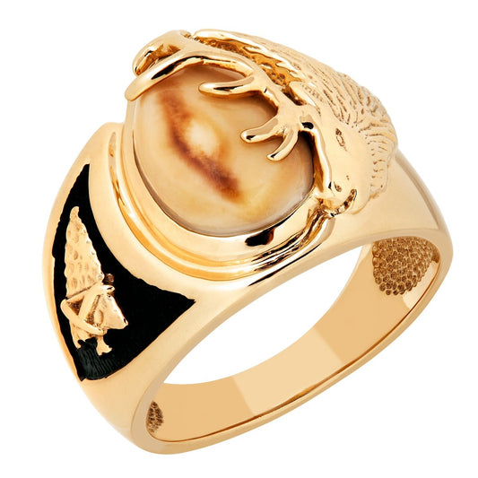 14K yellow gold men's elk ivory arrowhead ring featuring black enamel accent