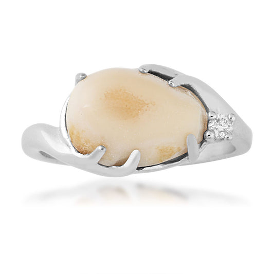 Sterling silver women's elk ivory cabochon cut and .03 ct. tw. diamond ring featuring antler accented setting