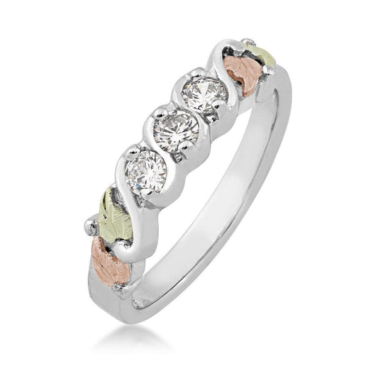 Sterling silver round 3-stone cubic zirconia four leaf anniversary ring by Mt. Rushmore Black Hills Gold