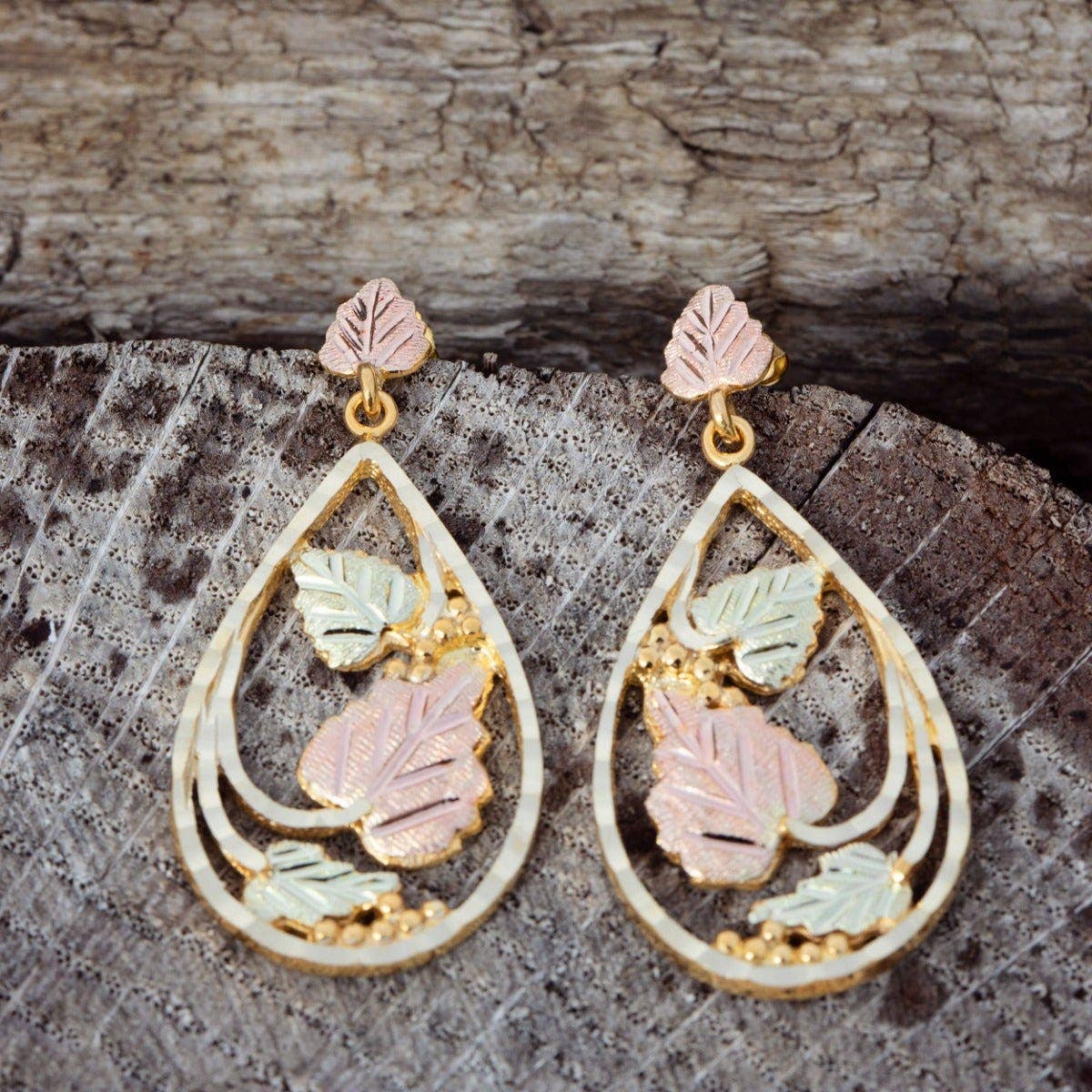 10K yellow gold diamond cut grapevine and leaf teardrop dangle earrings by Mt. Rushmore Black Hills Gold