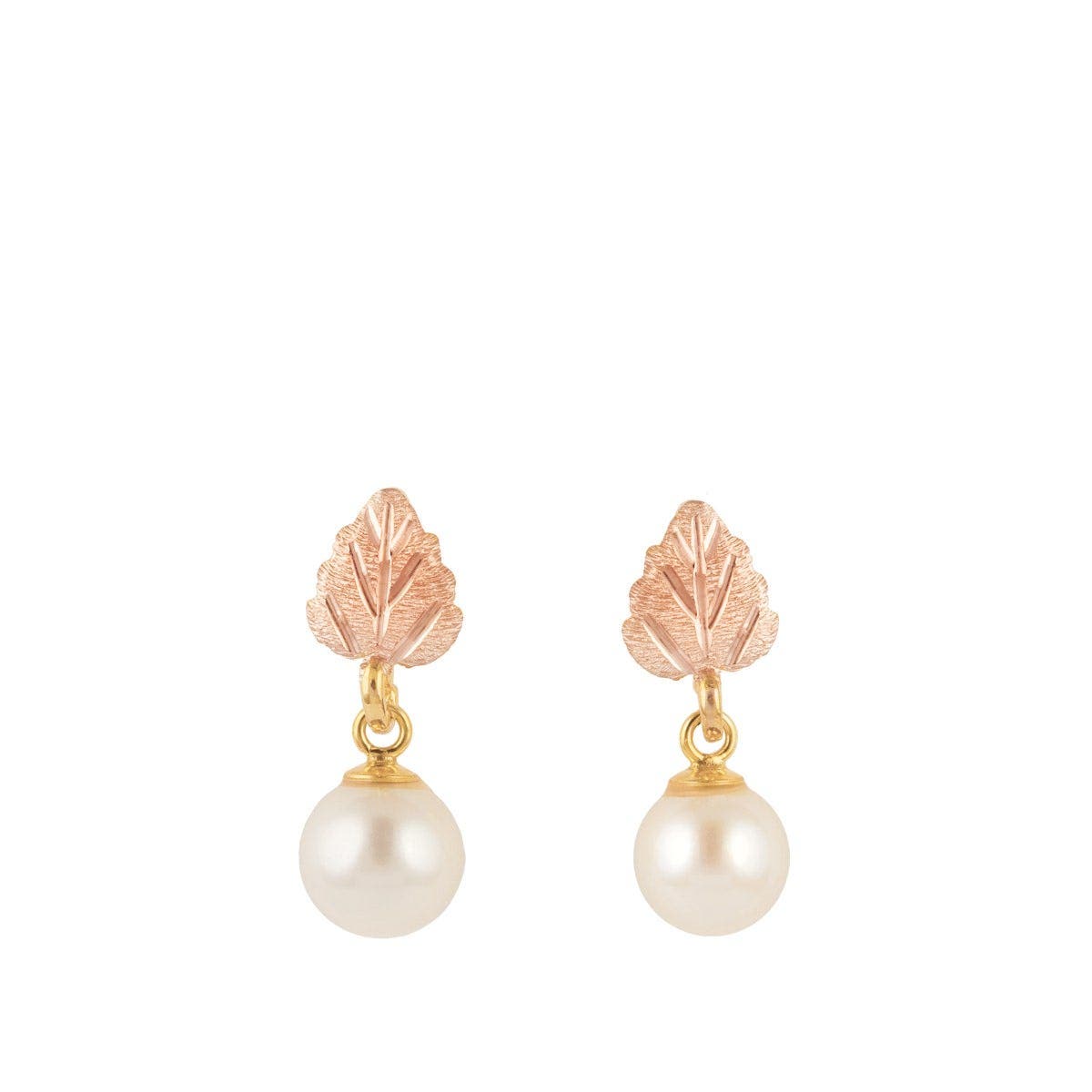 10K yellow gold cultured freshwater pearl pink leaf dangle earrings by Mt. Rushmore Black Hills Gold