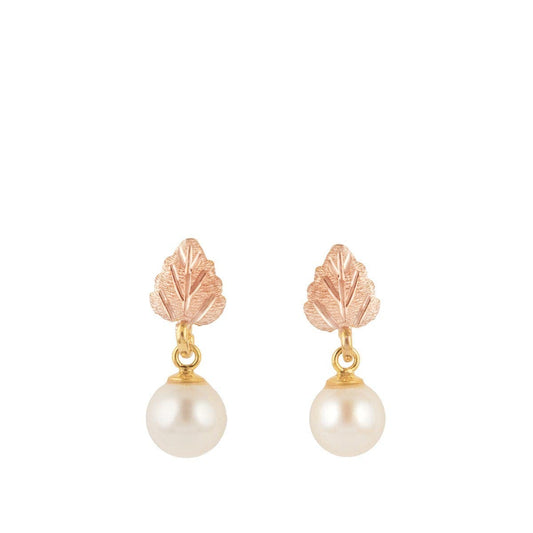 10K yellow gold cultured freshwater pearl pink leaf dangle earrings by Mt. Rushmore Black Hills Gold