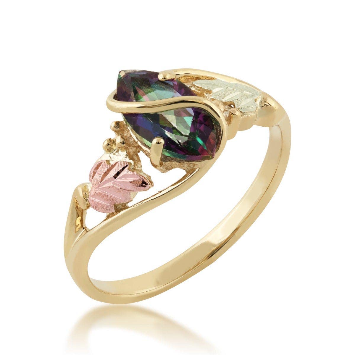 10K yellow gold marquise mystic fire topaz double leaf and grapevine ring by Mt. Rushmore Black Hills Gold