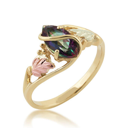 10K yellow gold marquise mystic fire topaz double leaf and grapevine ring by Mt. Rushmore Black Hills Gold