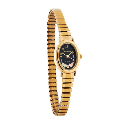 Women's quartz gold-tone stainless steel watch featuring black oval dial by Mt. Rushmore Black Hills Gold