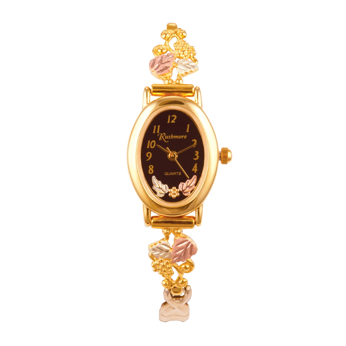 Women's quartz gold-tone stainless steel watch featuring black oval dial and gold grapevine band by Mt. Rushmore Black Hills Gold