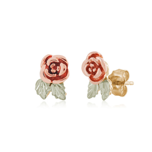 10K pink gold rose and double leaf earrings by Landstrom's Black Hills Gold