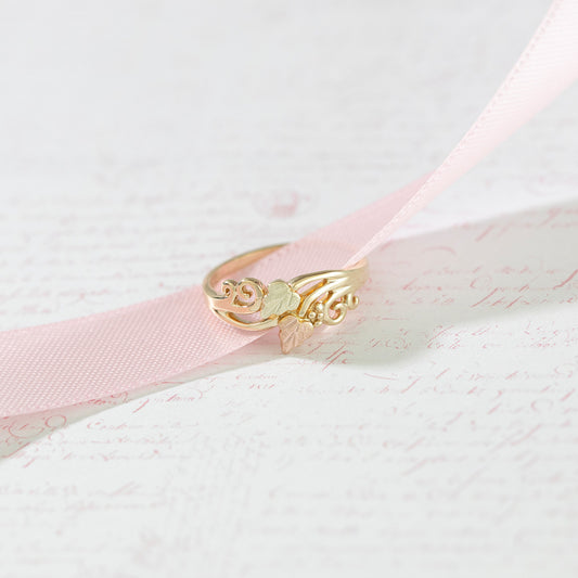 10K yellow gold double leaf curl vine ring by Landstrom's Black Hills Gold, styled view
