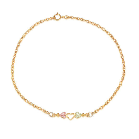 10K yellow gold 9" heart and double leaf ankle bracelet by Landstrom's Black Hills Gold