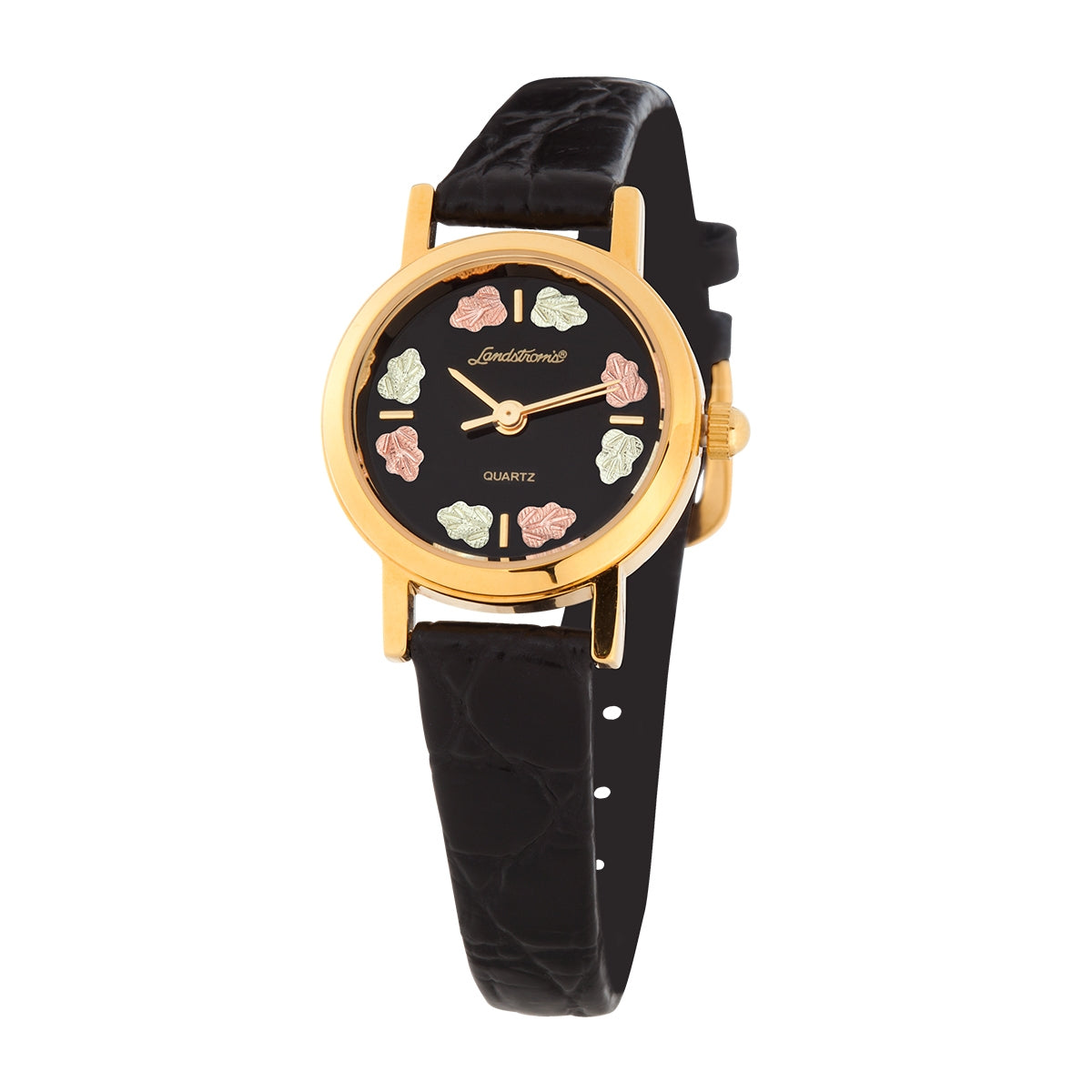 Women's quartz gold-tone stainless steel watch featuring black leaf dial and leather strap by Landstrom's Black Hills Gold