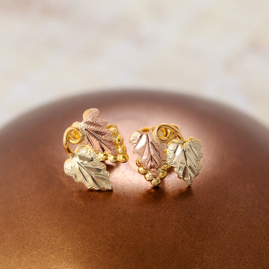 10K yellow gold grapevine earrings by Landstrom's Black Hills Gold, styled view
