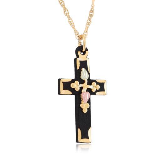 Double leaf and grapevine black powder coated cross pendant by Landstrom's Black Hills Gold