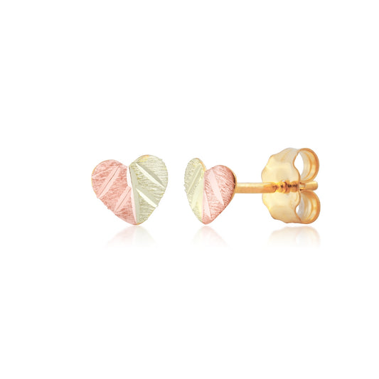 Two-tone heart stud earrings in 12K pink and green gold by Landstrom's Black Hills Gold