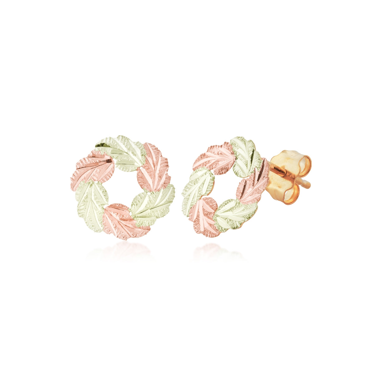 Leaf circle earrings in 12K pink and green gold by Landstrom's Black Hills Gold