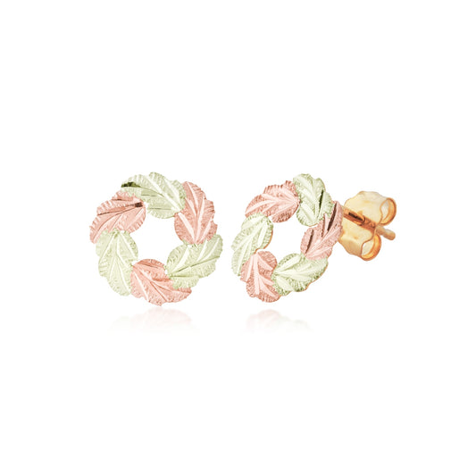 Leaf circle earrings in 12K pink and green gold by Landstrom's Black Hills Gold