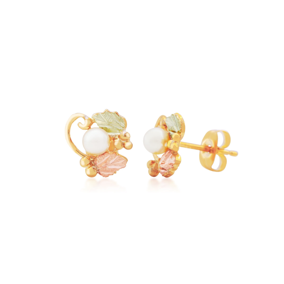 10K yellow gold cultured freshwater pearl double leaf and grape earrings by Landstrom's Black Hills Gold