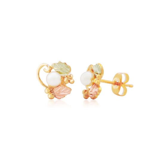 10K yellow gold cultured freshwater pearl double leaf and grape earrings by Landstrom's Black Hills Gold