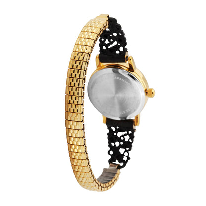 Women's quartz gold-tone stainless steel watch featuring black dial and vine powder coated expansion band by Landstrom's Black Hills Gold