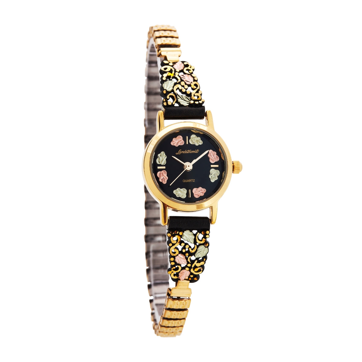 Women's quartz gold-tone stainless steel watch featuring black dial and vine powder coated expansion band by Landstrom's Black Hills Gold