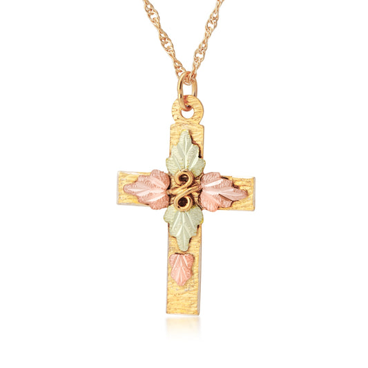 10K yellow gold leaf and curled vine cross pendant by Landstrom's Black Hills Gold