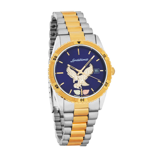 Men's quartz white and gold-tone stainless steel watch featuring eagle blue dial by Landstrom's Black Hills Gold