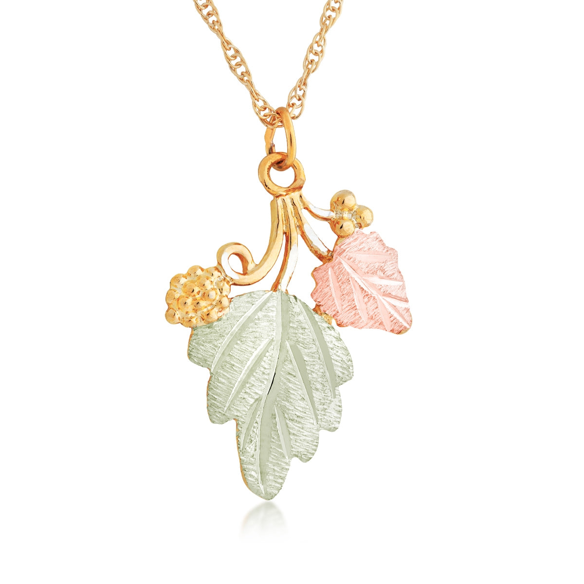 10K yellow gold hanging double leaf grapevine pendant by Landstrom's Black Hills Gold