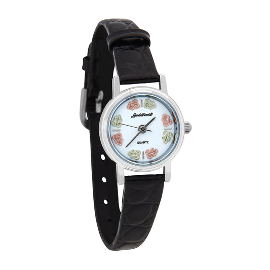 Women's quartz stainless steel watch featuring white dial and black leather band by Landstrom's Black Hills Gold