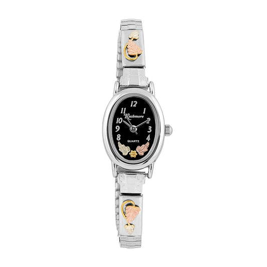 Women's quartz stainless steel watch featuring black oval dial by Mt. Rushmore Black Hills Gold