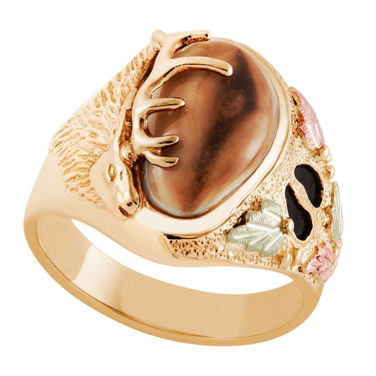 10K yellow gold men's elk ivory Black Hills Gold ring, Wapiti design
