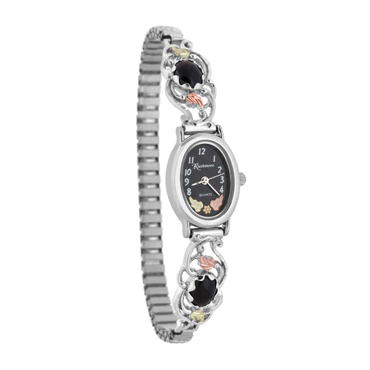 Women's quartz sterling silver watch featuring black oval dial and onyx accented vine band by Mt. Rushmore Black Hills Gold