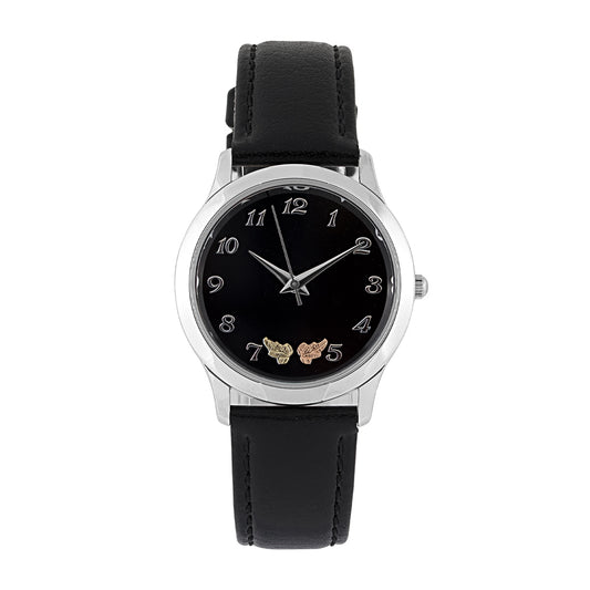 Men's quartz stainless steel watch featuring black dial and black leather strap by Mt. Rushmore Black Hills Gold