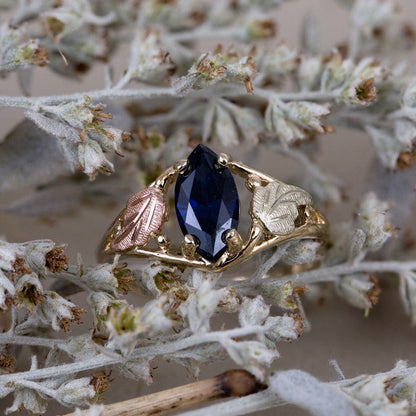 10K yellow gold created marquise sapphire open double leaf ring by Mt. Rushmore Black Hills Gold, side view