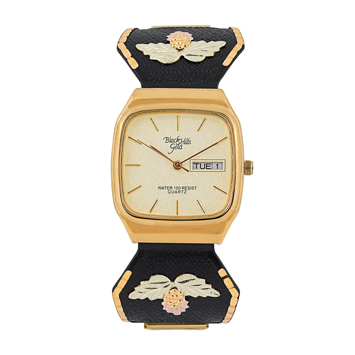 Men's quartz gold-tone stainless steel watch featuring square champagne dial and black powder coated band by Mt. Rushmore Black Hills Gold