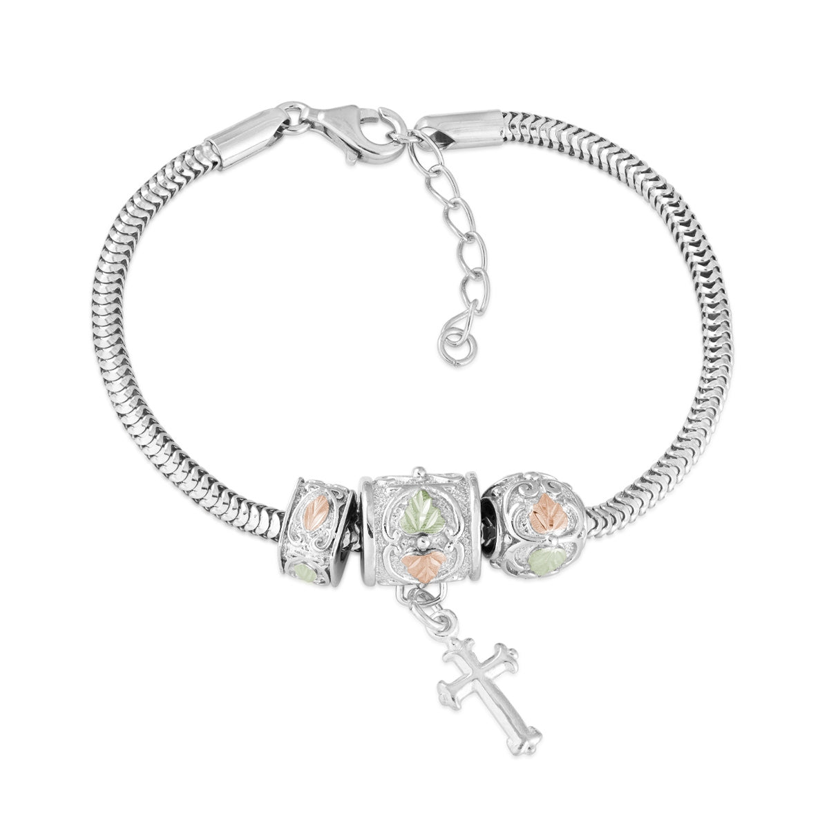 Sterling silver sphere, cube, and dangle cross charm bracelet by Landstrom's Black Hills Gold