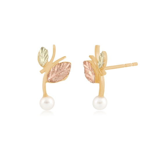 10K yellow gold cultured freshwater pearl leaf branch drop earrings by Landstrom's Black Hills Gold