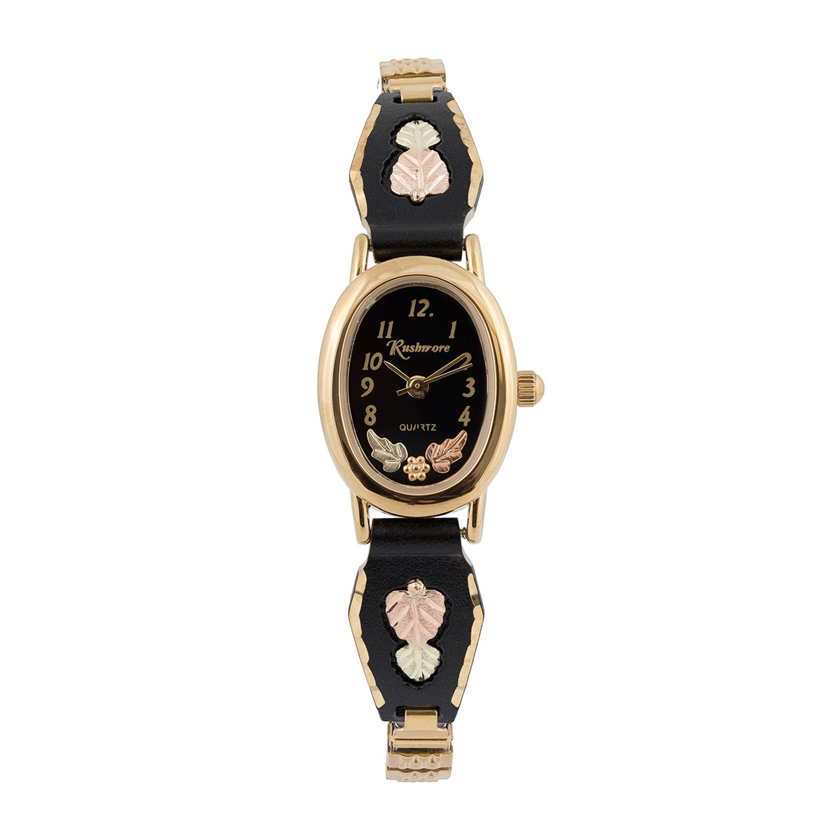 Women's quartz gold-tone stainless steel watch featuring black oval dial and powder coated band by Mt. Rushmore Black Hills Gold