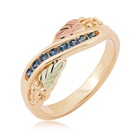 10K yellow gold round Yogo sapphire channel set grape cluster ring with Black Hills Gold detailing
