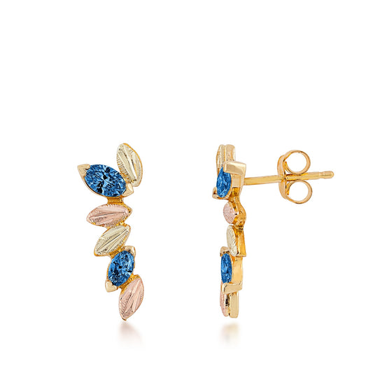 10K yellow gold marquise Yogo sapphire drop earrings with Black Hills Gold detailing