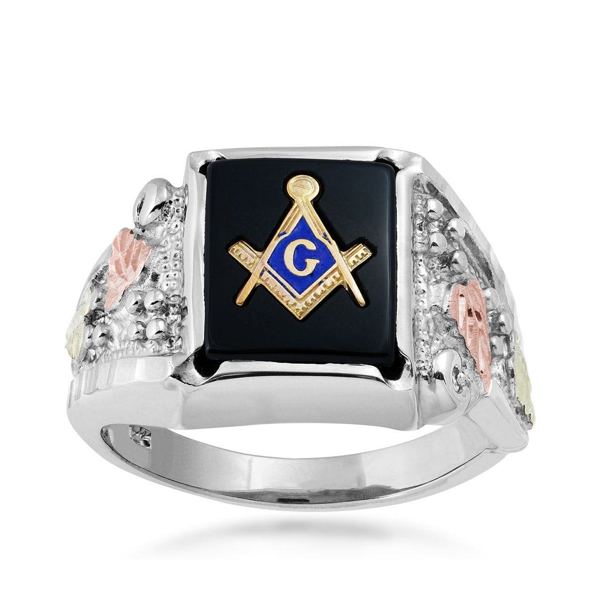 Sterling silver men's rectangle onyx masonic ring by Mt. Rushmore Black Hills Gold