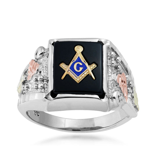 Sterling silver men's rectangle onyx masonic ring by Mt. Rushmore Black Hills Gold