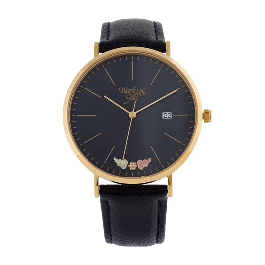 Men's quartz gold-tone stainless steel watch featuring black dial and leather strap by Mt. Rushmore Black Hills Gold