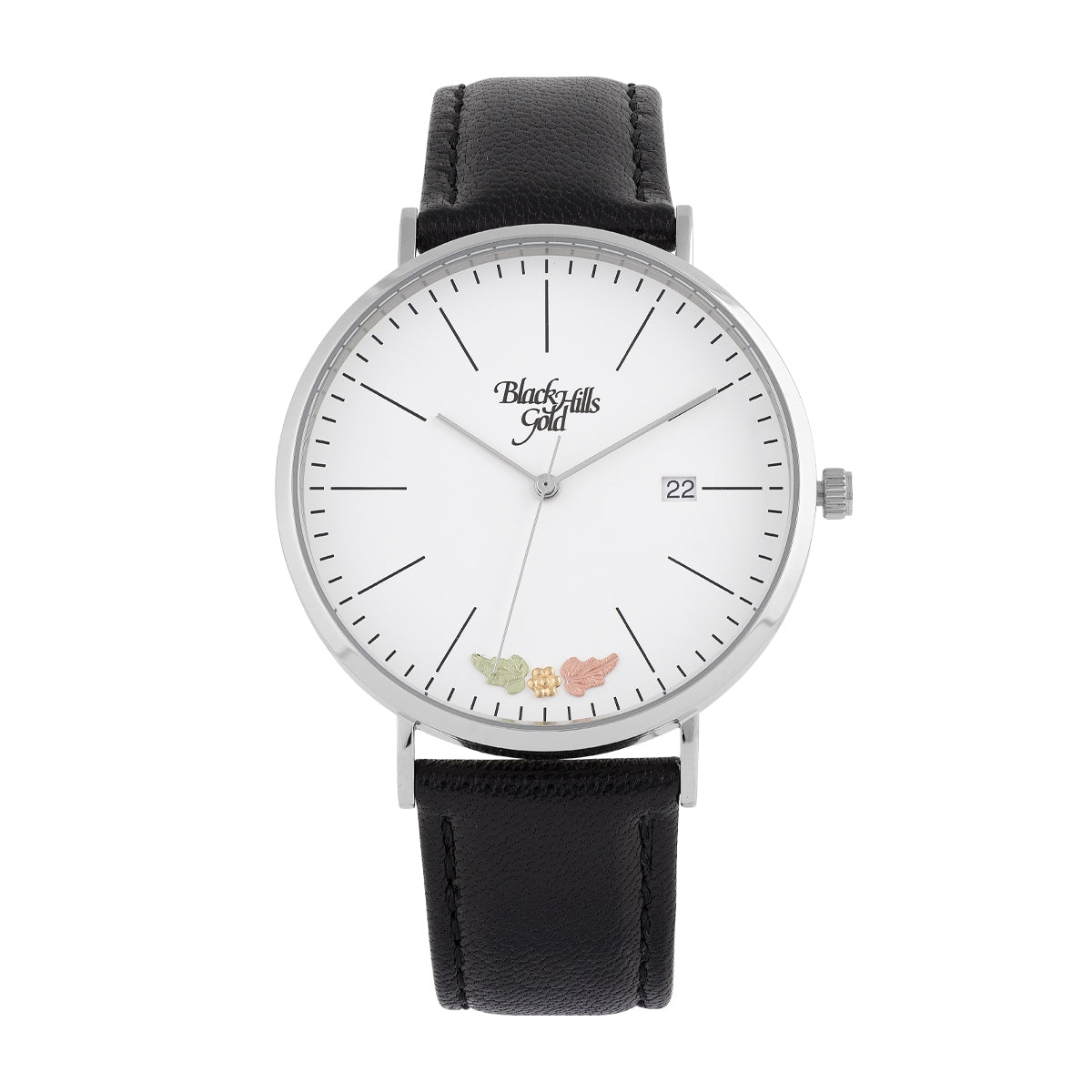 Men's quartz stainless steel watch featuring white dial and black leather strap by Mt. Rushmore Black Hills Gold