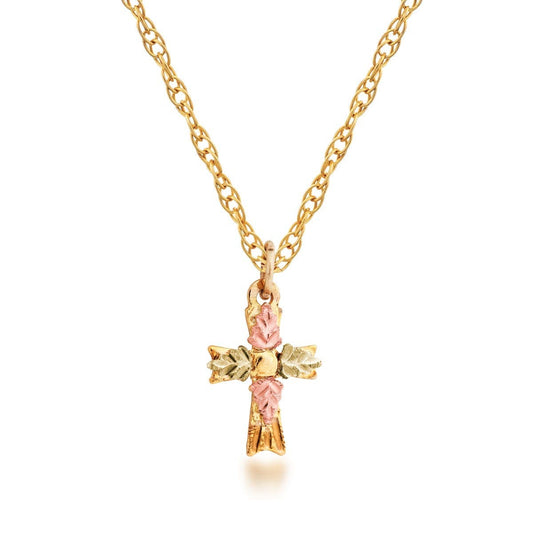 10K yellow gold small cross pendant featuring leaf accents by Mt. Rushmore Black Hills Gold