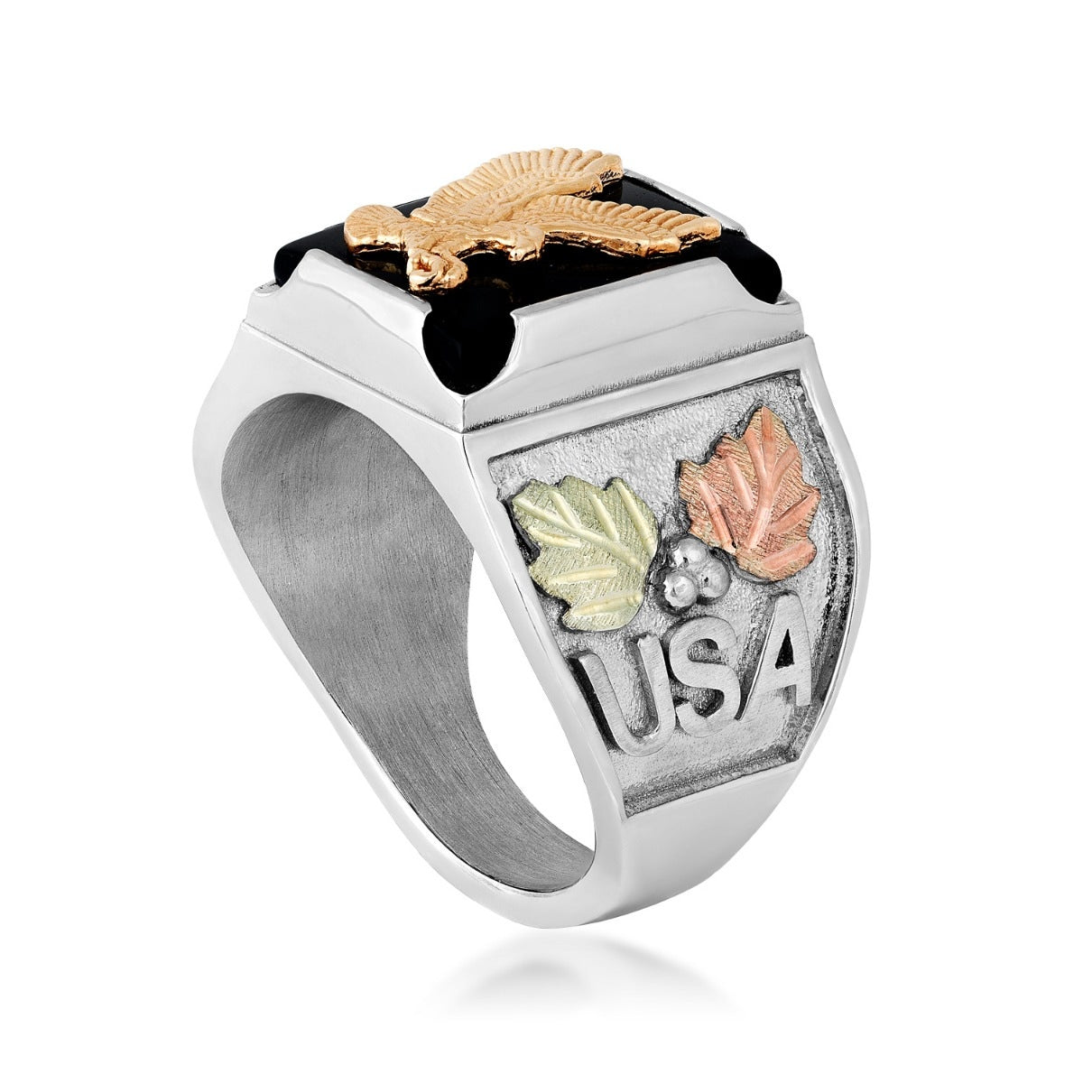 sterling silver eagle square onyx ring with pink and green gold leaves