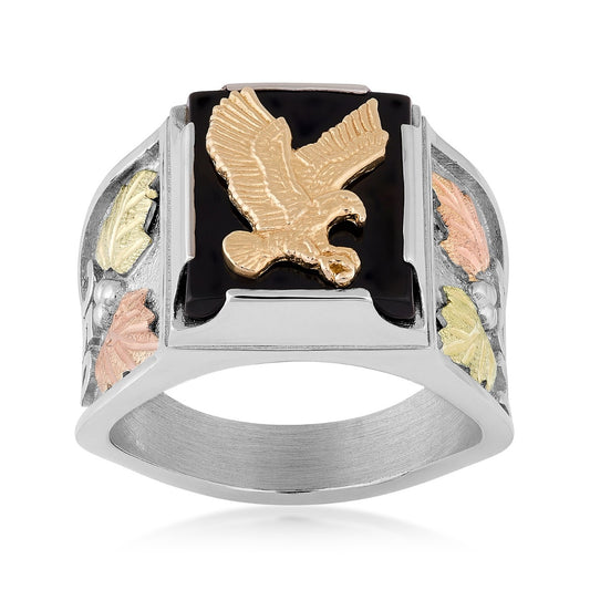 sterling silver eagle square onyx ring with pink and green gold leaves