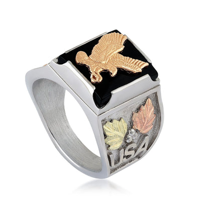 sterling silver eagle square onyx ring with pink and green gold leaves