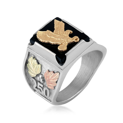 sterling silver eagle square onyx ring with pink and green gold leaves