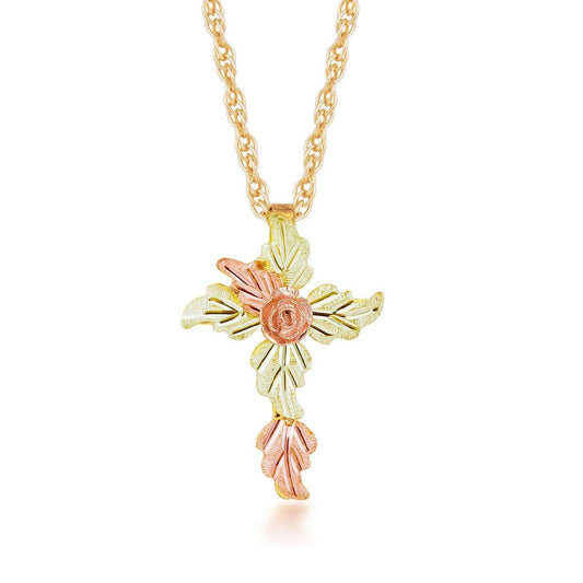 10K yellow gold leaf cross pendant featuring rose center by Mt. Rushmore Black Hills Gold