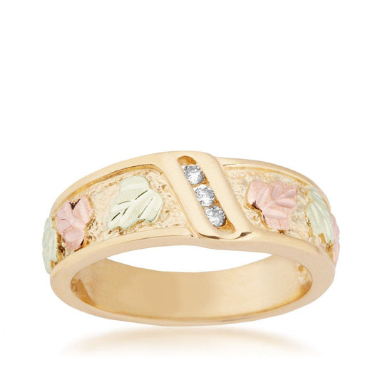 10K yellow gold 3-stone diamond accent channel set textured wedding ring by Mt. Rushmore Black Hills Gold