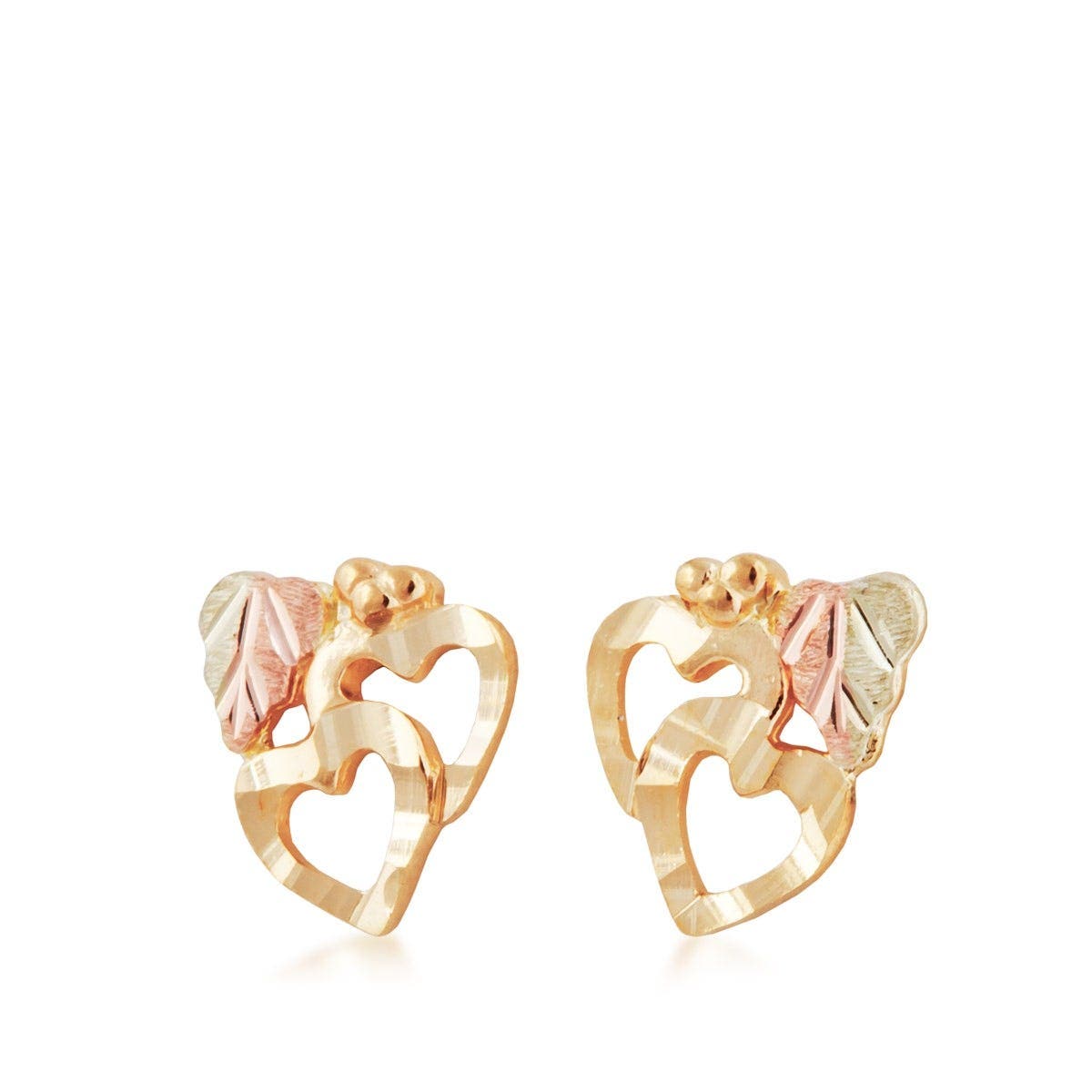 10K yellow gold diamond cut double heart and two-tone leaf earrings by Mt. Rushmore Black Hills Gold